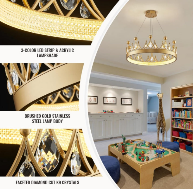 Crystal Chandelier D23.6'' Gold Round LED Crown Chandelier Contemporary Semi Flush Mount Ceiling Light for Nursery Girls Room Dining Room Bedroom