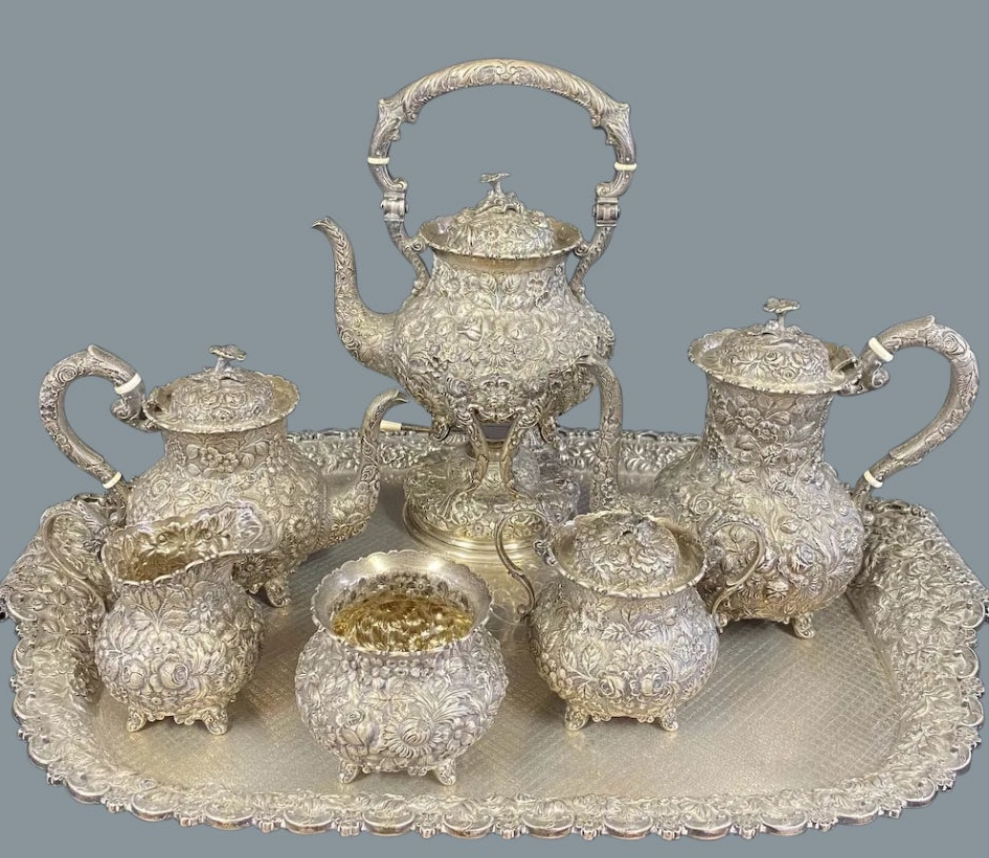 Sterling Silver Repousse Tea Service 7 Piece Set w/Tray A.G. Schultz
