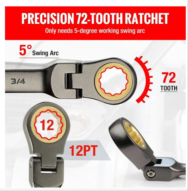 WORKPRO 8-piece Flex-Head Ratcheting Combination Wrench Set, SAE 5/16-3/4 in, 72-Teeth, CR-V Constructed, Nickel Plating with Organizer Bag,