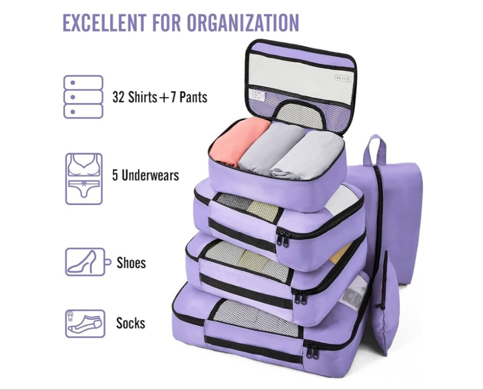 8 pc Set Packing Cubes for Travel Essentials, Suitcase Organizer Bags Set for Luggage, Road Trip Travel Accessories in 4 Sizes (Extra Large, Large, Medium, Small), Purple