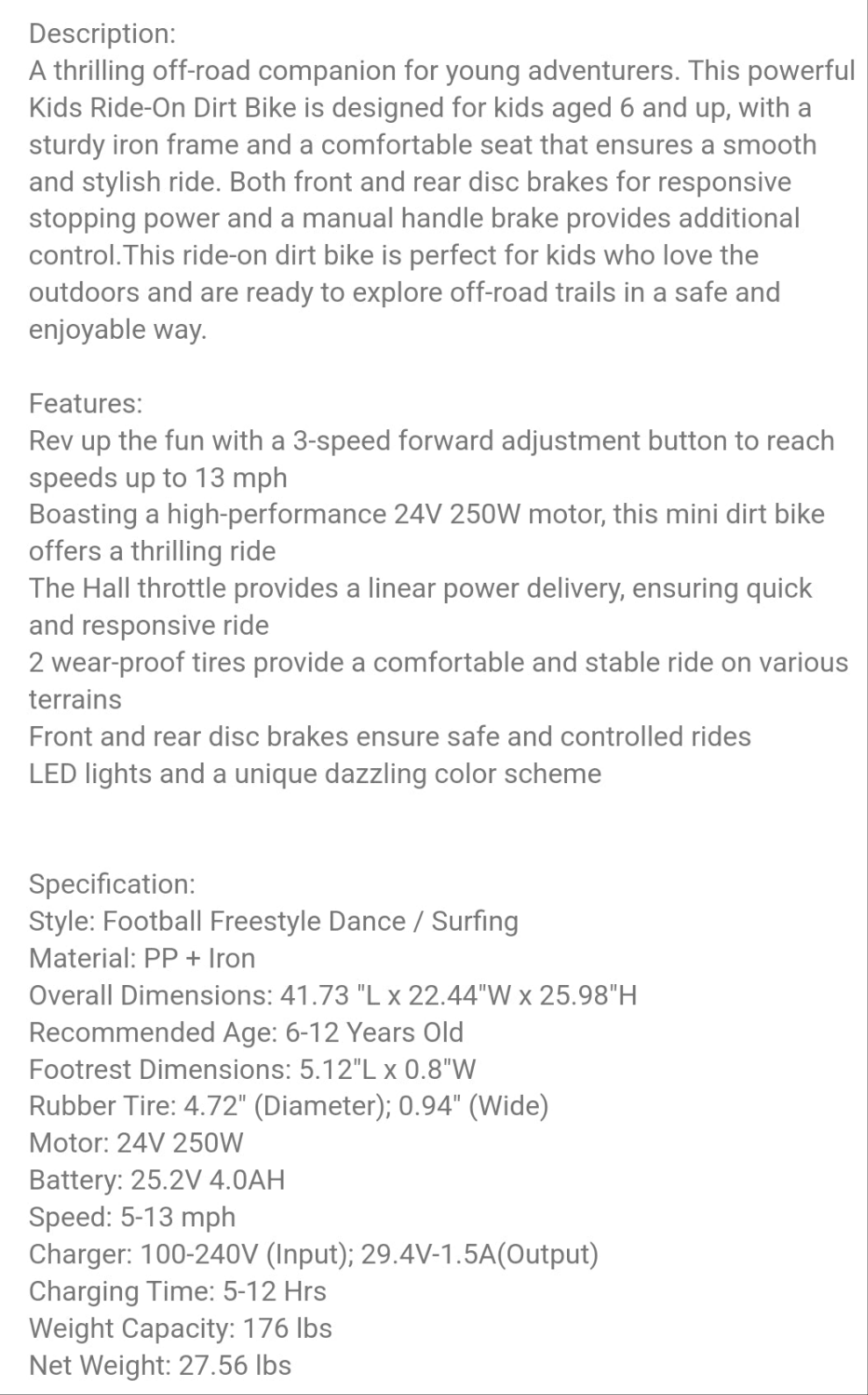 24V Electric Off-Road Motorcycle,250W Motor 13.6MPH Fast Speed Motocross,Leather Seat Dirt Bike,Twist Grip Throttle,Metal Suspension,Air-Filled Tires,For Kids Teens Age 8+