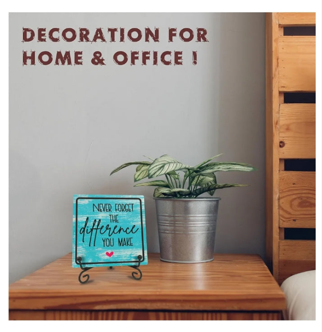 Home Office Wooden Sign Decor,〝NEVER FORGET THE difference YOU MAKE〞 Positive Reminder Sign With A Metal Support, Home Office Desk Decor, Gifts For Families, Friends & Coworkers