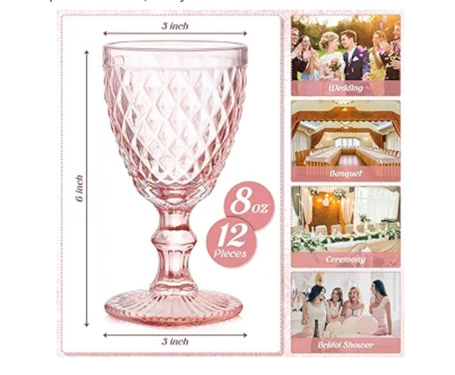 Pink Wine Glass Set of 12 Vintage Glassware Goblets Red Wine Glass 8 oz Embossed Drinking Glass with Stem High Clear Stemmed Cups Goblet for Wedding Party Banquet Feast Bar, Daily Use