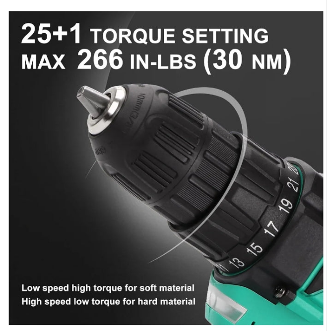 COMOWARE 20V Cordless Drill, Electric Power Drill Set with 1 Battery & Charger, 3/8” Keyless Chuck, 2 Variable Speed, 266 In-lb Torque, 25+1 Position and 34pcs Drill/Driver