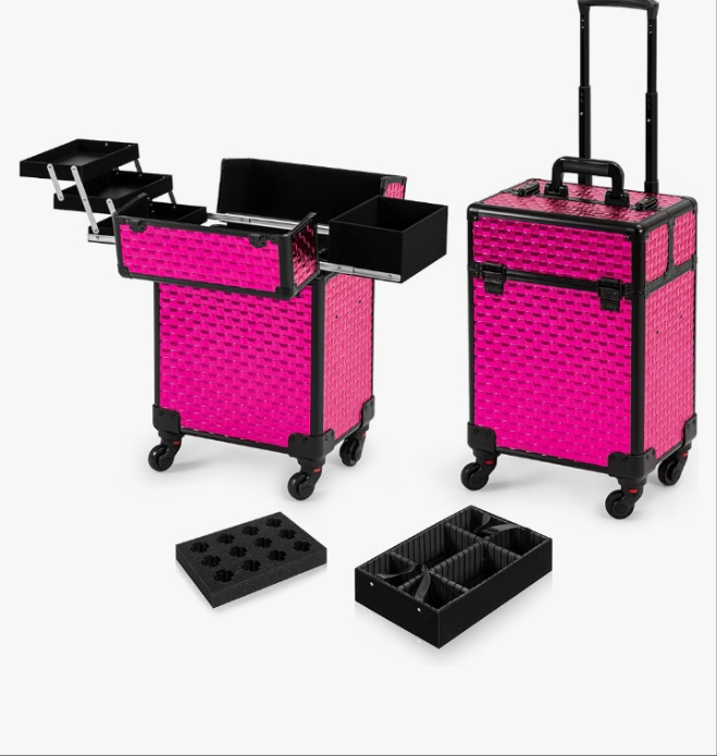 Rolling Makeup Train Case, Large Storage Cosmetic Trolley 4 Tray with 360° Swivel Wheels Keys, Large Storage Traveling Cart Trunk, Cosmetic Train Cases for Nail Technicians Hairstylist,