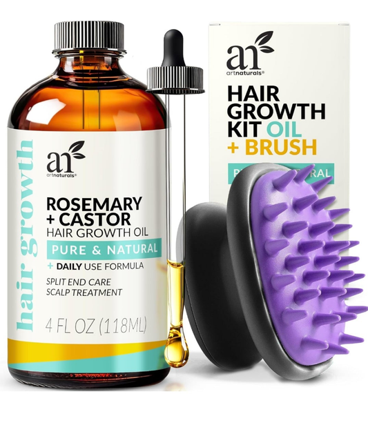 Organic Rosemary & Castor Hair Growth Oil + Scalp Massager Set – Hair Styling Oils for Dry, Itchy Scalp, Thickening & Hydration - Scalp Oil Products For Damaged Hair & Split Ends – 4.0 oz