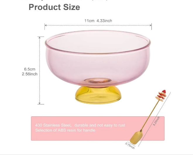 Glass Dessert Bowls Set of 6 Ice Cream Bowl 8.5oz with 6 Gold-Plated Spoons Decorative Microwave Safe for Fruit Snack Candy Glass Bowl Set (Pink)