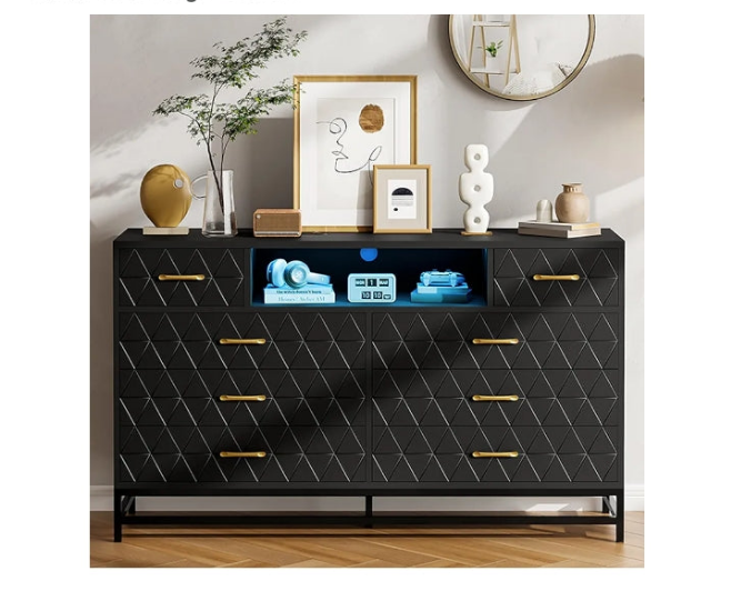 Dresser for Bedroom, 8 Drawer Dresser with Power Outlet, 55" Tv Stand Large Dresser Wooden with Led Light, Modern Dresser with Deep Drawers, Long Wide Chest of Drawers Storage Dresser