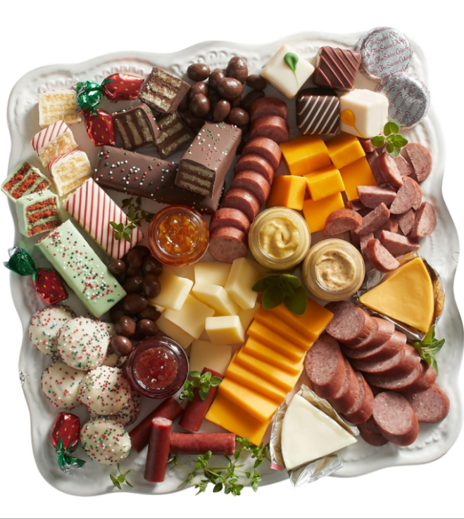 27 Favorites Food Gift Set, Summer Sausage Meats and Cheeses, Assorted Chocolates, Candies, Petits Fours, Gift Basket, Cheese & Charcuterie Gifts, Cheese for Charcuterie Board, Holiday, Christmas, Thank You Gifts, Adults, Women, Men - Holiday Red Box