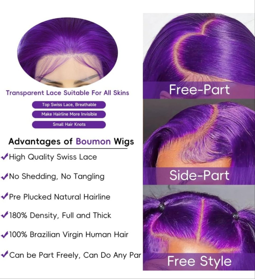 COCOMONEY Purple wig Human Hair Body Wave Human Hair Wig Pre Plucked 200 Densily Purple Lace Front Wig Human Hair 13x4 HD Lace Frontal wig 24 Inch