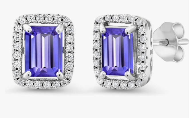 925 Sterling Silver Gemstone Birthstone Earrings | Emerald Cut 8X6MM | Halo Earring for Women
