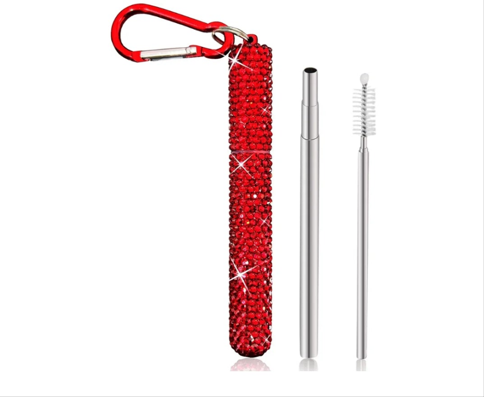 1 Pack Rhinestone Collapsible Stainless Steel Straw, Portable Straw with Cleaning Brush, Metal Reusable Drinking Straw with Bling Case for Travel(Iridescent)