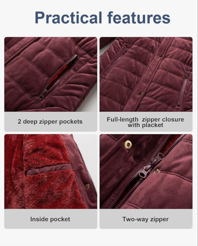 Warm Winter Coat Velvet Puffer Jacket Quilted Faux Fur Hood