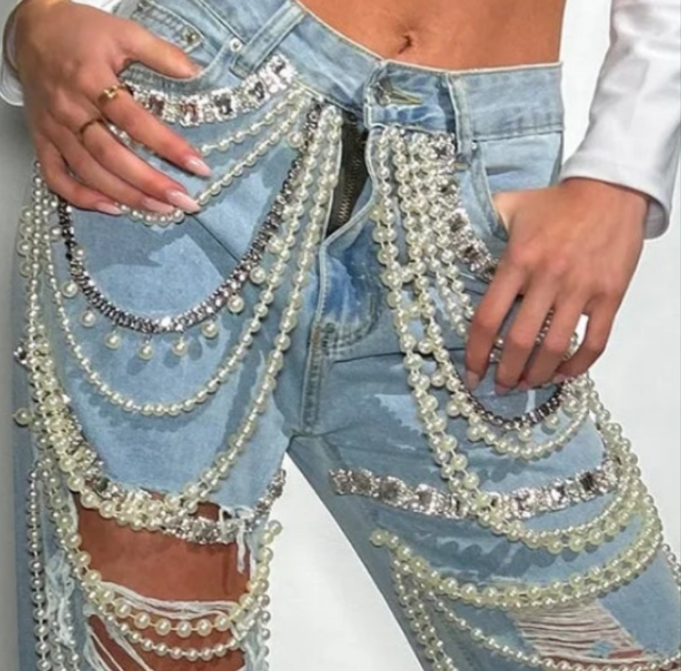 COCOMONEY Ripped Pearl Chain Rhinestone Denim Jeans-Blue