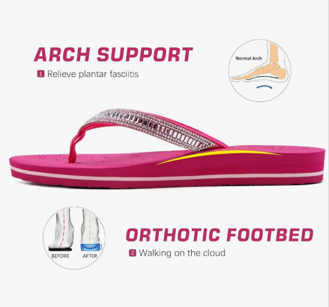 Women's Flip Flops with Rhinestone, Arch Support Yoga Mat Comfort Walking Summer Beach Thong Sandals with Plantar Fasciitis Rubber Soles US Size 5-11