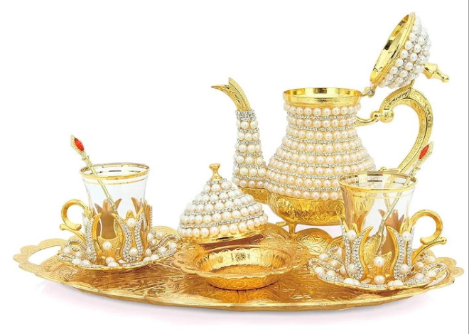 Luxurious Copper and Brass Elegant All in One Serving Set, Large Tea Pot, Decorated with Crystals and Pearls Resistant to High Temperatures (12 Pieces Serving Set)