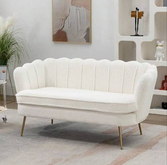 59-Inch Small Modern Chenille Double Sofa, 2-Seat Sofa With Golden Metal Legs, Small Sofa With Flower-Shaped Back, For Living Room Bedroom Office (Beige And Chenille)