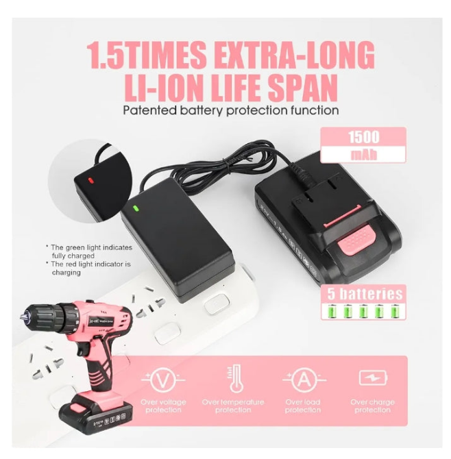 Jar-Owl 21V Pink Cordless Drill Set for Women,350 in-lb Torque, 0-1350RMP Variable Speed, 10MM 3/8'' Keyless Chuck, 18+1 Clutch, 1.5Ah Li-Ion Battery & Charger for Home DIY and Repair - Black & Pink