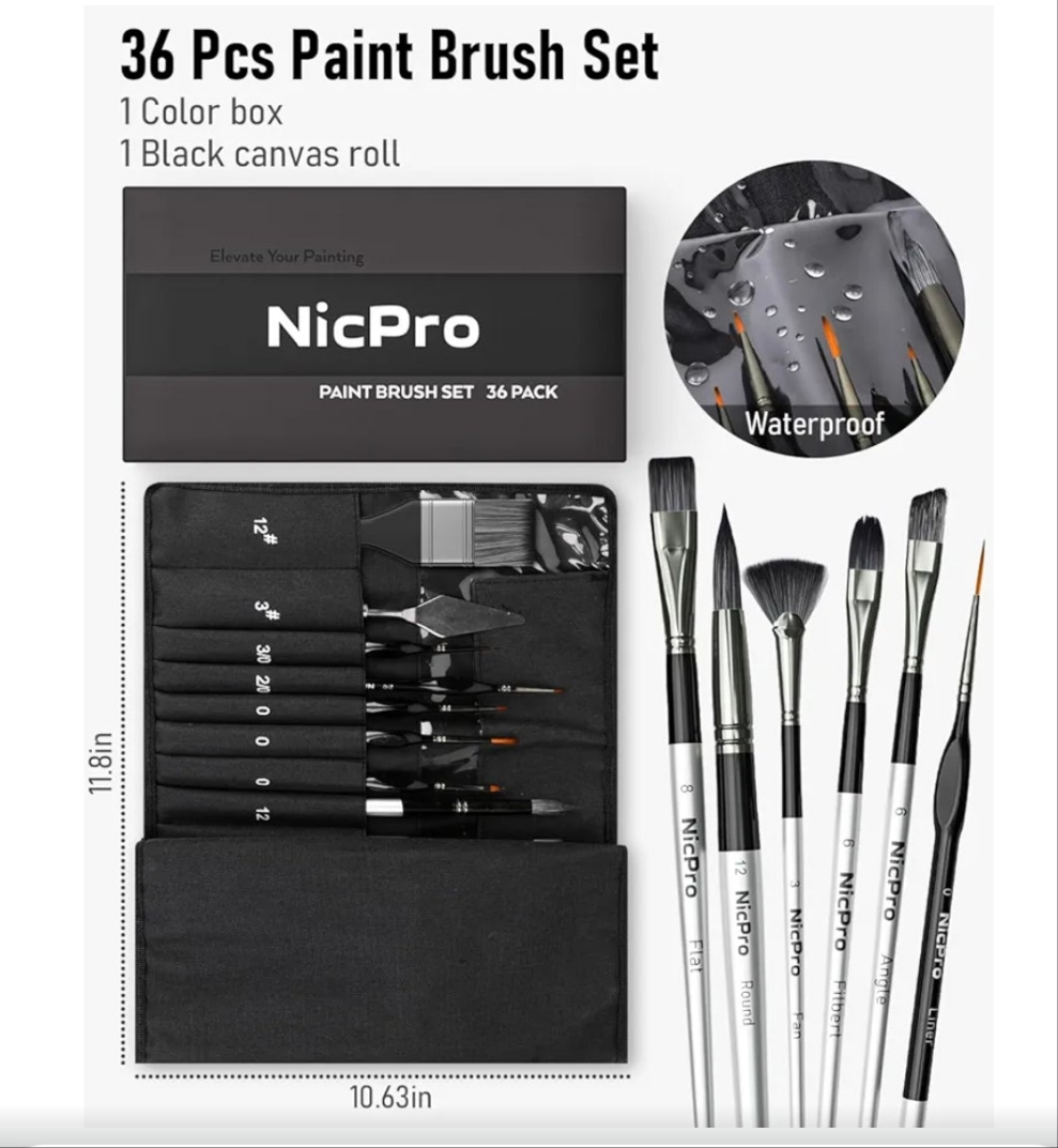 36pcs Paint Brush Set, Professional Paintbrushes with Palette Knife and Cloth Roll, Suitable for Artists and Beginners for Acrylic Painting, Oil, Watercolor, Gouache