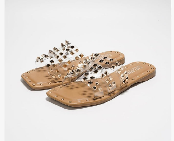 Stylish Slide Sandals for Women - Womens Sandals with Gold Spikes - Studded Open-Toe Summer Slides for Women - Slip-On Women's Sandals