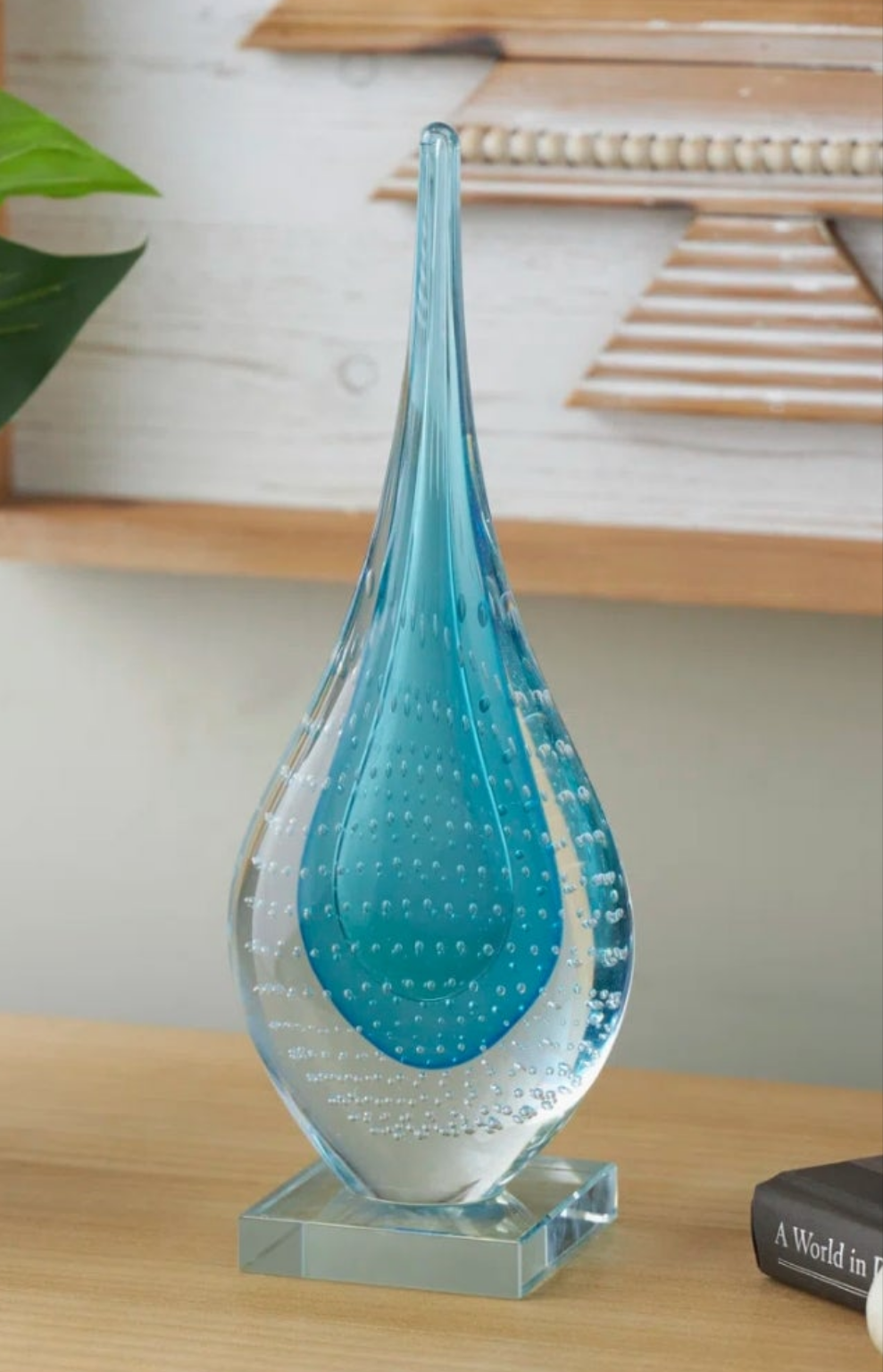 Glass Teardrop Abstract Decorative Blue Sculpture with Clear Bubble Droplets Turquoise