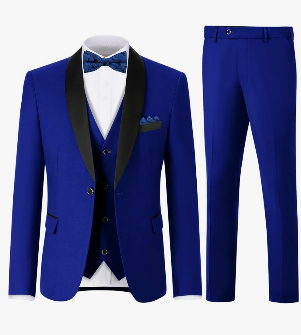 Men's 3 Piece Slim Fit Suit One Button Shawl Lapel Jacket Vest Pants Tuxedo Set with Bow Tie Pocket Square