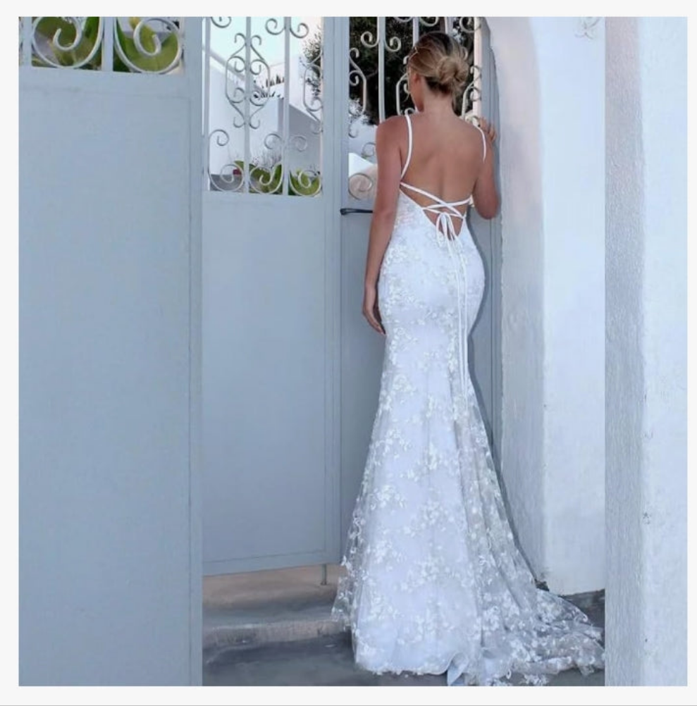 Applique Wedding Dresses for Bride Spaghetti Straps Mermaid V Neck Open Back Bodycon Long Bridal Gown