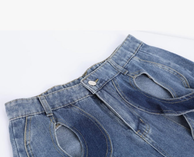 Chic Metal Hollow Out Cable Twist Back Heart Flare Bell Bottom Denim Jeans Pants