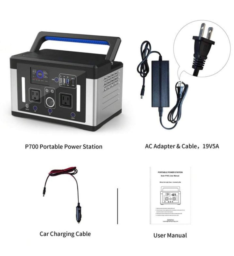 Hepway Portable Power Station, 1500W Peak Solar Power Bank Large Capacity , Euler P700-B 700W 12lb Solar Generator Power Charger, 577Wh BMS Automotive Grade Lithium Battery With 2x 110V Pure Sine Wave AC Outlets(Peak 1000W), Support 5521 Port PD 60W USB-C