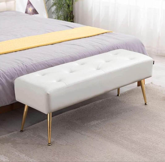 44.75" White PU Leather Ottoman Bench For Living Room Modern Button-Tufted Upholstered Bed Bench With Gold Legs Luxurious Vanity Bench For Makeup Room Entryway Fumahaus 44.75" White PU Leather Ottoman Bench For Living Room Modern Button-Tufted Up