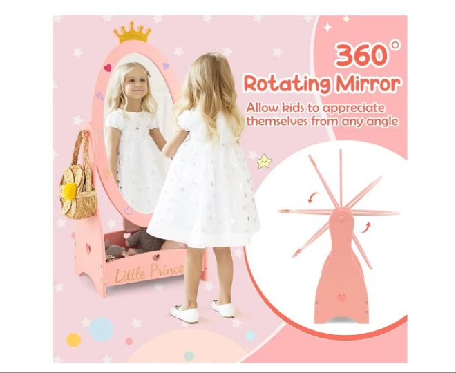Princess Floor Free Standing Mirror w/Storage Shelf, 360 Degree Rotatable Oval Dressing Mirror w/Cute Crown Pattern for Little Girls Bedroom, Playroom, Pink