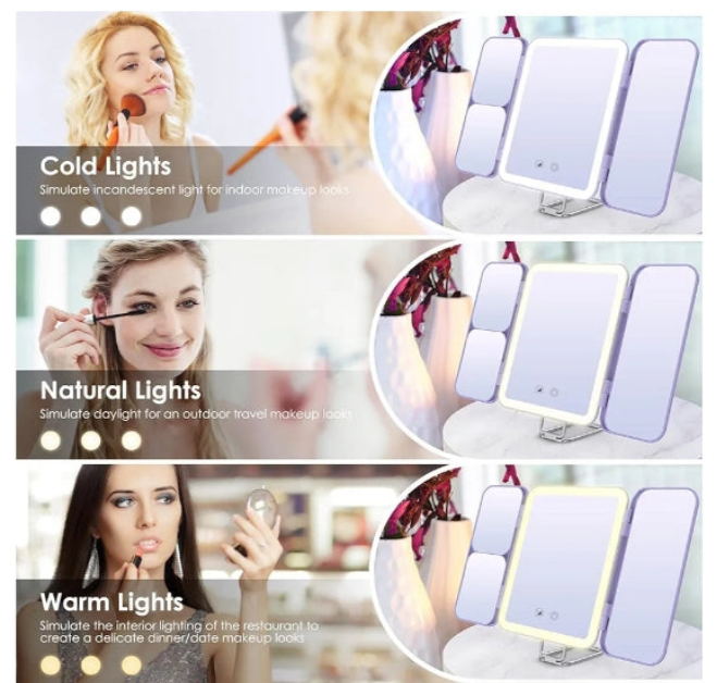 Travel Makeup Mirror, 64 LED Lighted Vanity Mirror with 1X 3X 7X Magnification, Tri-Fold Compact Mirror with Touch Light, Rechargeable,