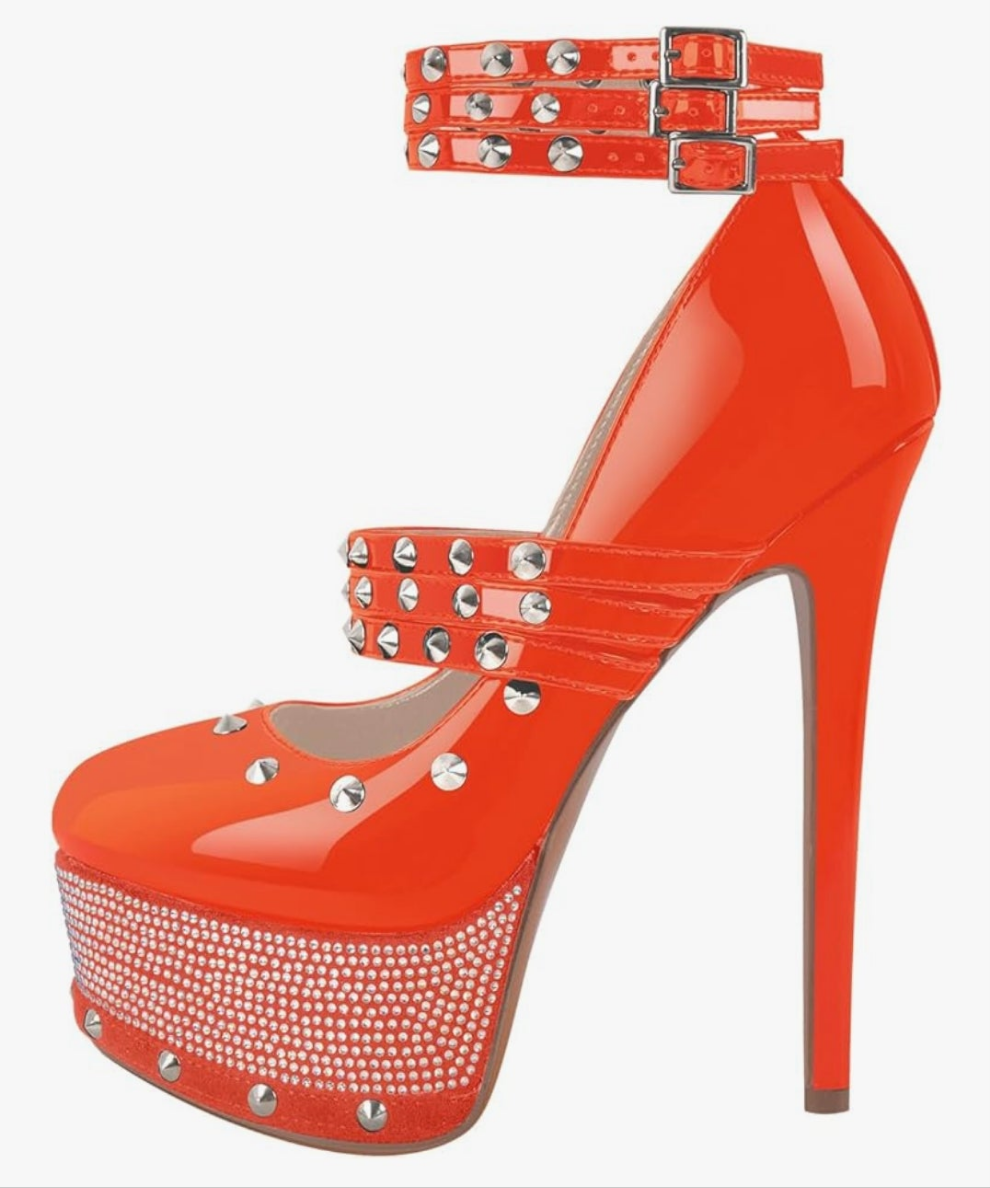 Close Toe Stiletto Platform Mary Jane Pumps for Women Triple Buckle up Rivet Studded Strappy Party Shoes