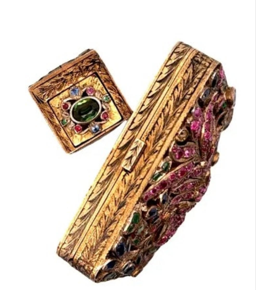 Victorian Ruby Sapphire Emerald Demantoid Silver Gold Plated Powder Lipstick SetEmerald,Garnet,Ruby,Sapphire gold plated silver