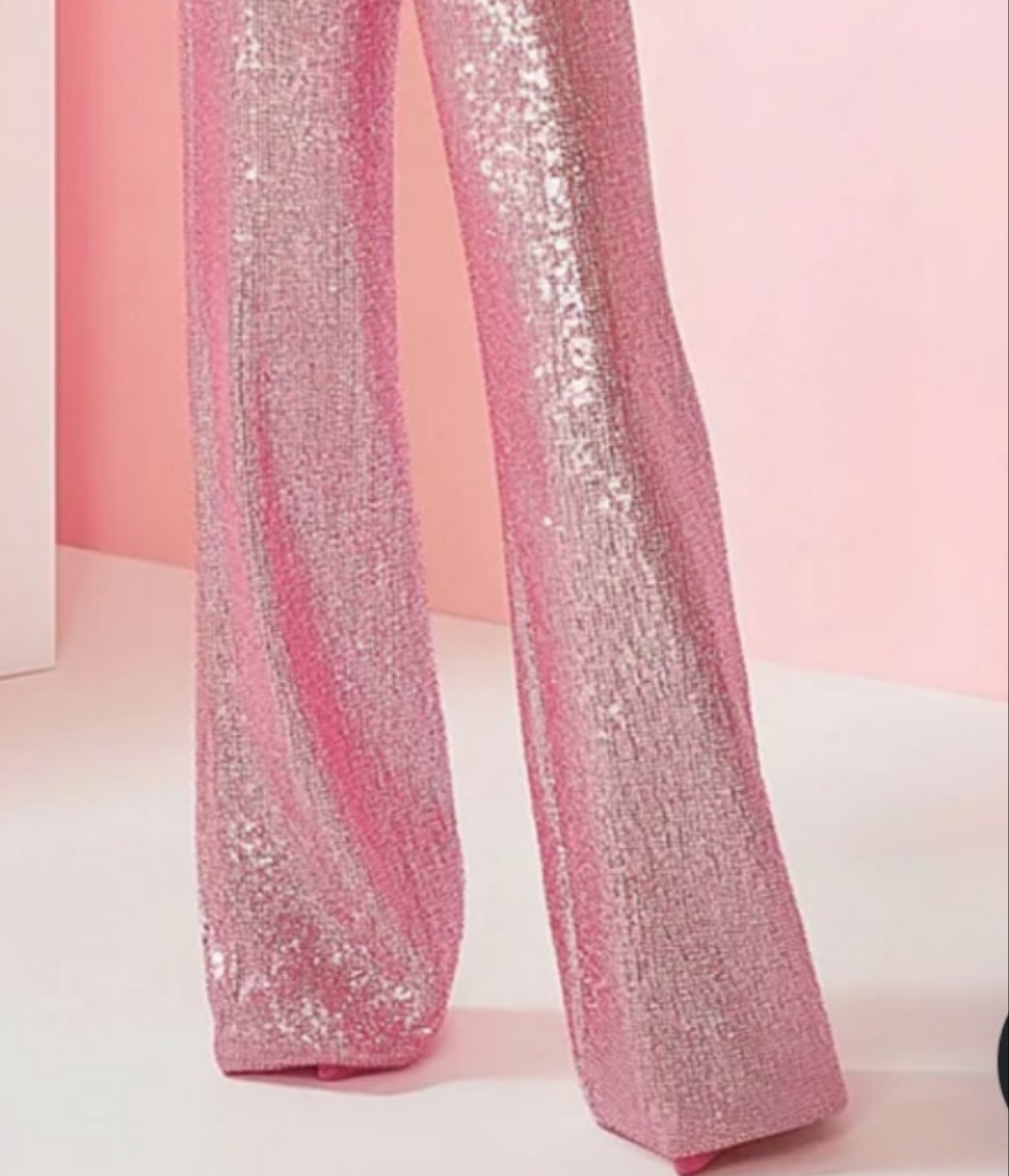 COCOMONEY Patchwork Sequins Puff Sleeve Pocket Jumpsuit-Pink