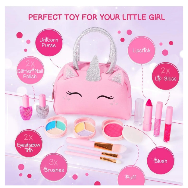 Kids Real Makeup Kit for Little Girls: with Pink Unicorn Purse - Real, Non Toxic, Washable Make Up Toy - Gift for Toddler Young Children Pretend Play Set Vanity