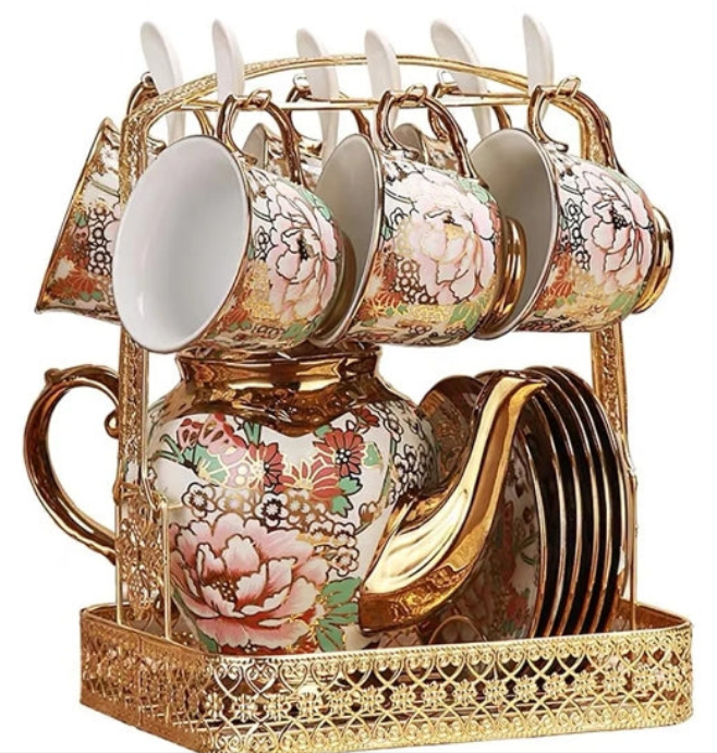 Gold Plated Red Rose Ceramic Tea Set, Vintage Tea Set with Teapot, Beautiful Tea Set Coffee Serving 6 People (red, large)