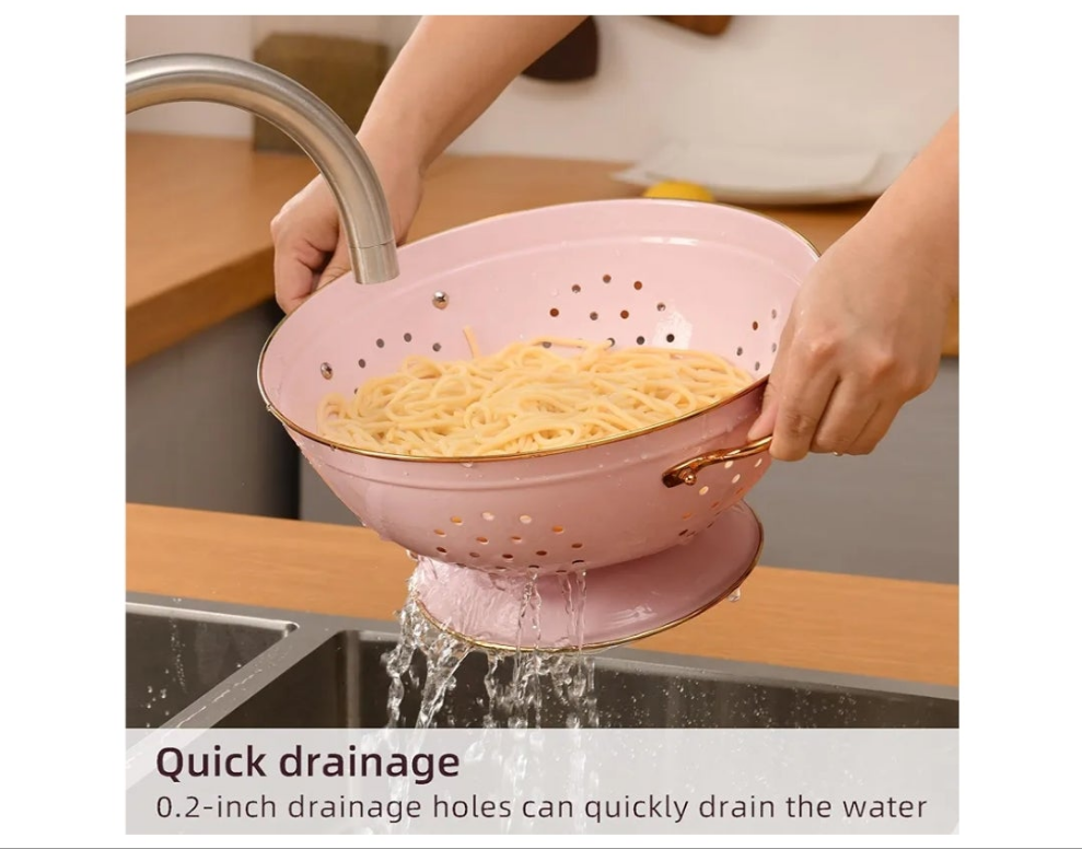 Metal Colander Set of 2, Strainer Basket with Handles perfect for Spaghetti, Pasta, Berry, Vegetable, Fruit, Solid Base Powder Coated Self-draining Kitchen Colander Bowel, 3.5 & 5 Qt,