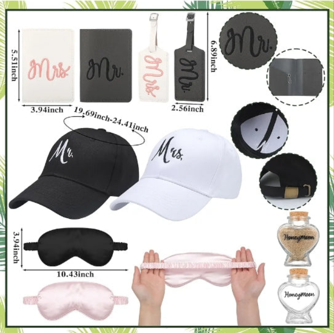 14 Pieces Wedding Gifts for Couple Mr and Mrs Honeymoon Gifts Bride and Groom Gifts Include Wedding Towels 20 oz Wine Tumbler Hat Passport Holder Baggage Tag Glass Bottle Honeymoon Tote Bag