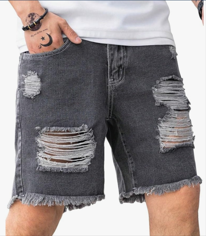 Men's Ripped Distressed Raw Trim High Waist Straight Leg Denim Shorts