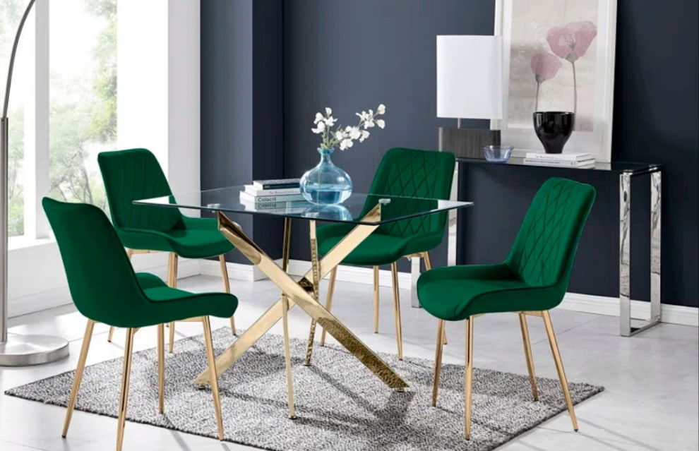 Metal and Glass Dining Table Set with 4 Velvet Upholstered Dining Chairs