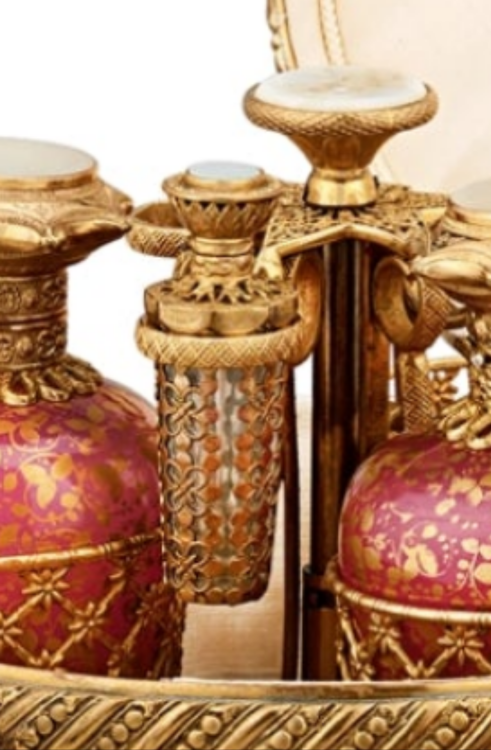 Fabulous Piece A Palais-Royal Mother-of-Pearl Perfume Box and Flasks made of crystal gilt bronze and pink opaline glass. Absolutely stunning. π