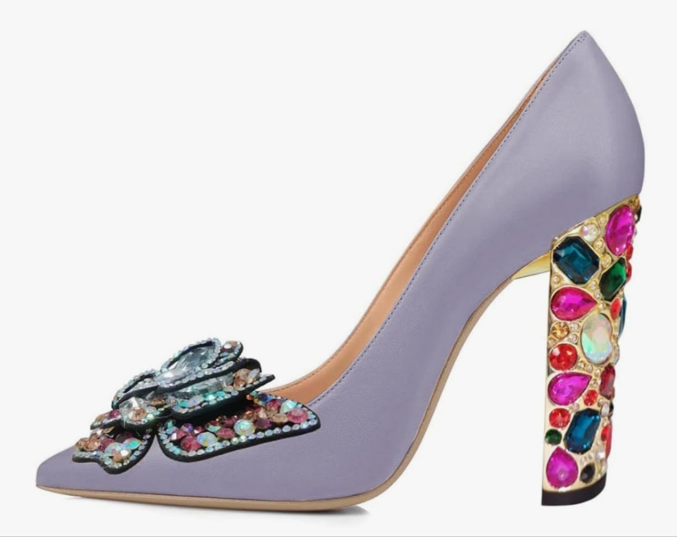 Women Bow Pump Butterfly Slip on Rhinestone Chunky High Heels Pointed Toe Studded Shoe