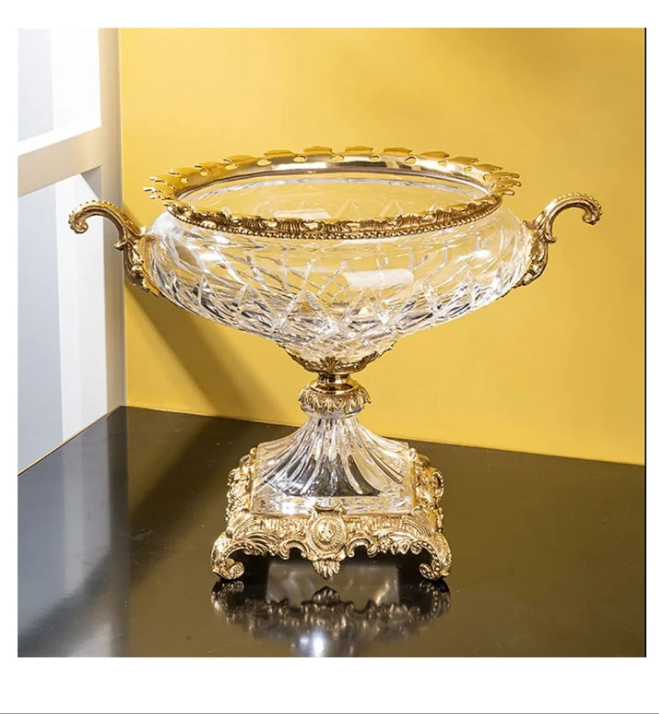 Crystal Copper Fruit Bowl Round Transparent Glass Fruit Plate Home Living Room Restaurant Desktop Decor Fruit Dish