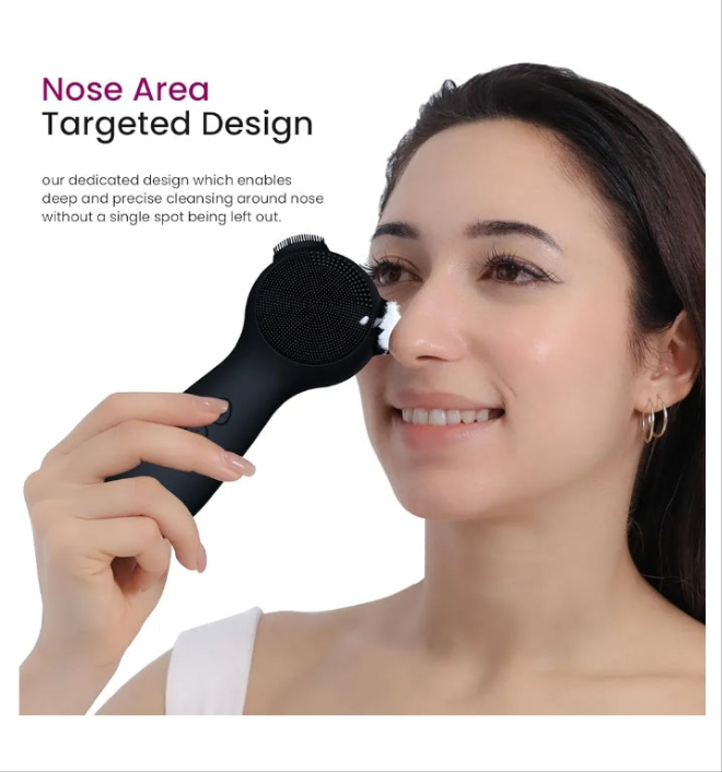 Silicone Face Scrubber Exfoliator Electric for Men Women, Rechargeable Facial Cleansing Brush with Wireless Charging Dock, Waterproof Sonic Vibrating Face Scrub Brush Cleanser for Exfoliating, Black