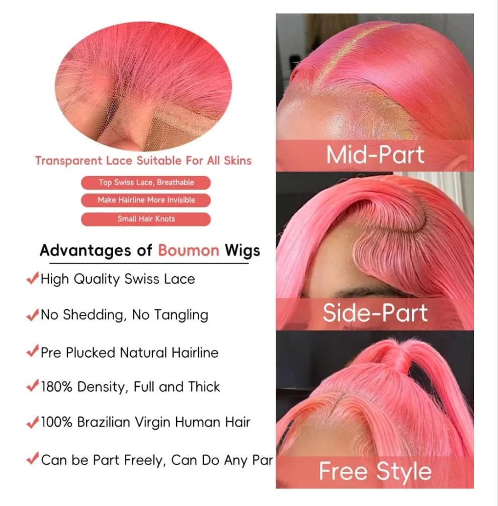 Pink Lace Front Wigs Human Hair 13x4 HD Body Wave Lace Front Wigs Human Hair Pre Plucked Frontal Wig 200% Density Colored Pink Human Hair Wig Glueless Wigs 24 Inch