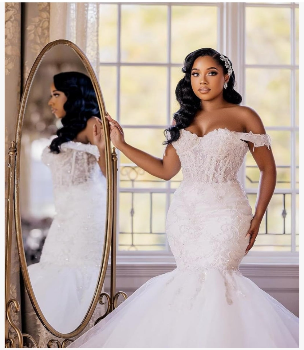 Tulle Mermaid Wedding Dresses for Bride Off Shoulder Lace up Beading Bridal Gowns