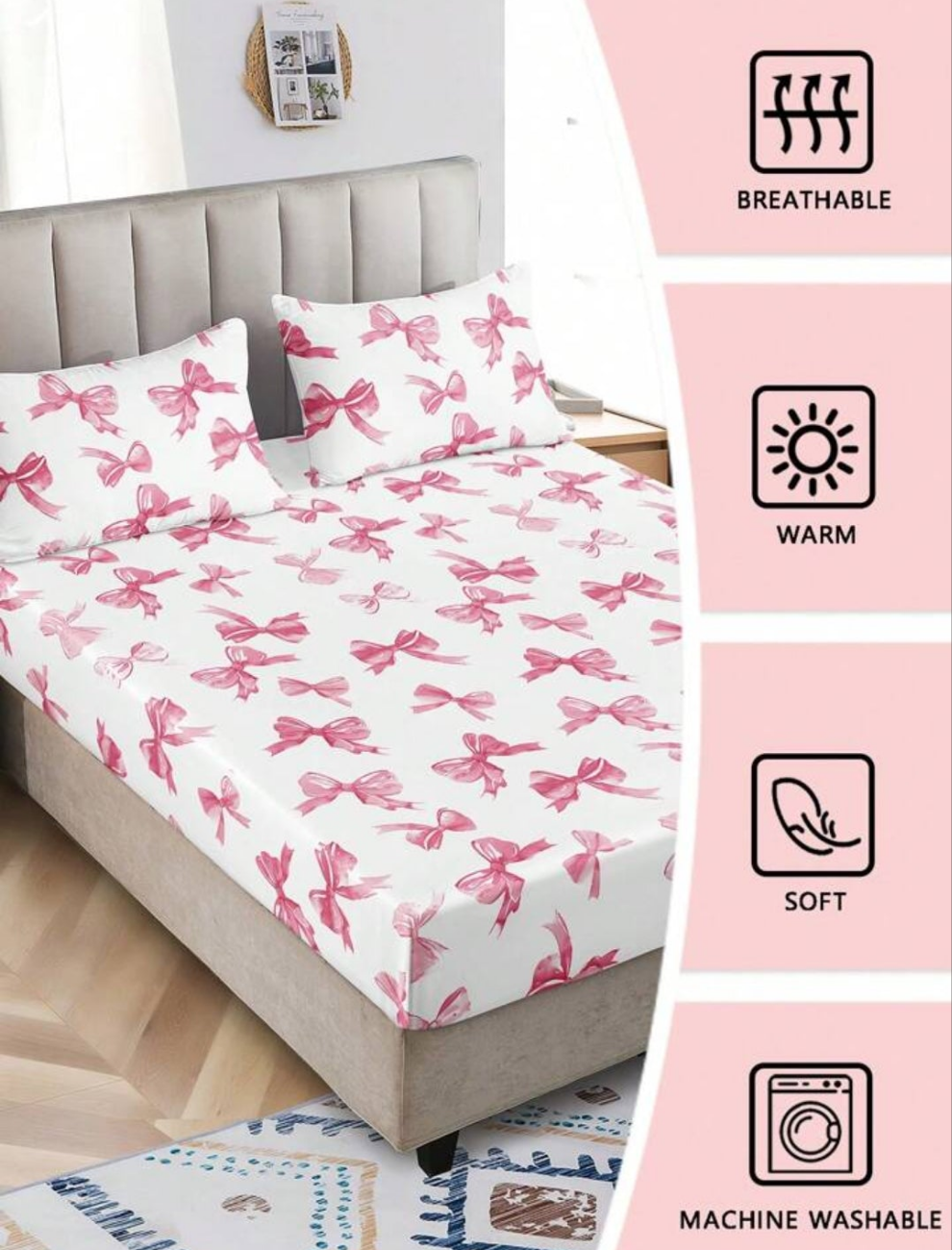 3pcs Watercolor Pink Bow Girly Cute Digital Print Bedding Set (1 Bedsheet + 2 Pillowcases, No Comforter), Daily Use Polyester Fiber Soft & Skin-Friendly, Suitable For Master/Guest/Kids Bedroom, All Seasons