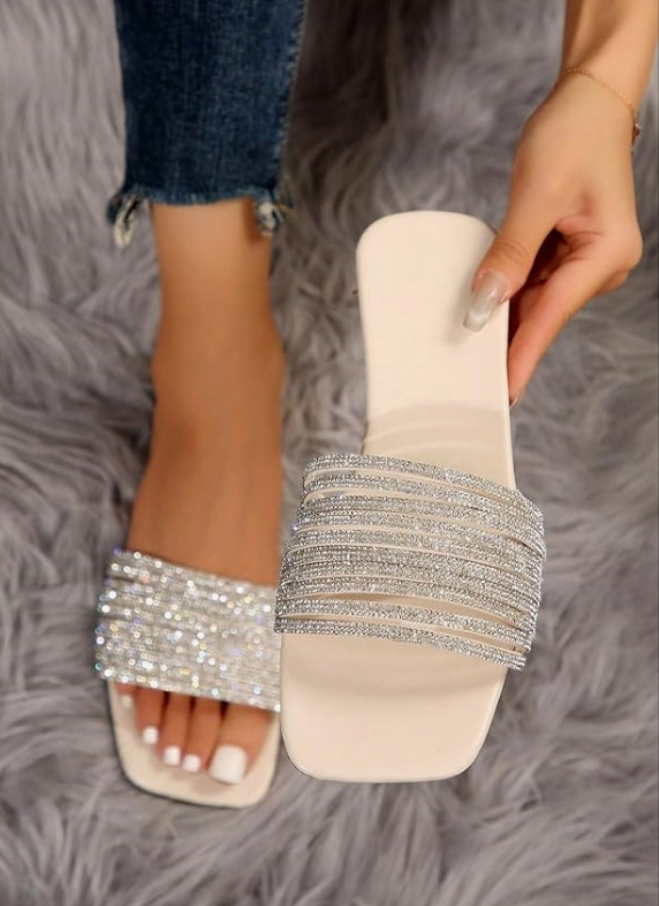 Women's Rhinestone Sparkly Sandals Glitter Square Open Toe Dressy Summer Flat Sandals