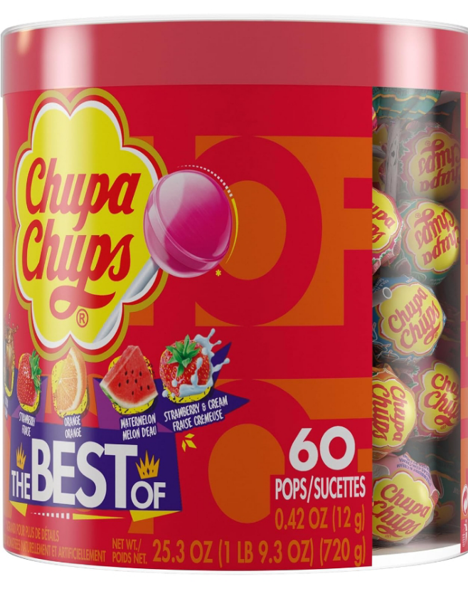 Chupa Chups ‘Best Of’ Candy Lollipop Variety Assortment, 5 Flavors, Individually Wrapped, Bulk Holiday Christmas Party Favors for Adults & Kids, 25.3 oz Drum (60 Suckers)